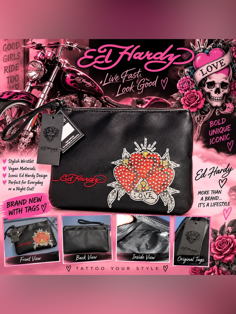 Ed Hardy Black Wristlet with Red Heart Rhinestone Patch